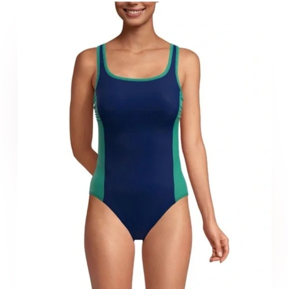 Lands' End Lined Scoop Neck One-Piece Swimsuit Navy/Green Athletic Size XL New - Picture 1 of 6